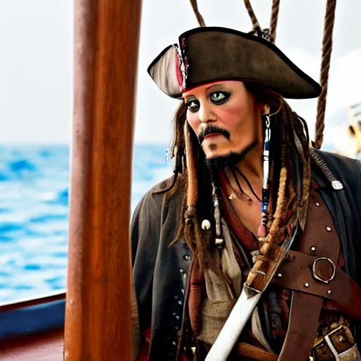 Prompt: captain jack sparrow drinking rum on a ship in the middle of the ocean, sun shining, wide angle, hd