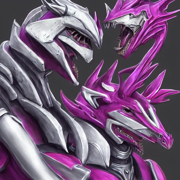 Prompt: cinematic bust shot, two giant elegant beautiful stunning sexy anthropomorphic mecha female dragons, kissing together, dragon kissing, close up, first dragon with sharp silver armor and teeth, second dragon with sleek silver armor fuchsia skin, detailed mawshot, anthro art, warframe destiny fanart, furry art, dragon art, furaffinity, deviantart, sofurry