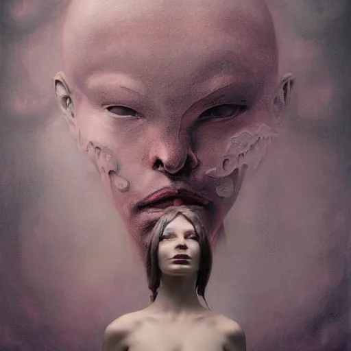 Image similar to dramatic matte portrait painting of woman with black mandelbrot fractal instead of face, in style of zdzisław beksinski, horror, body horror, dark, disturbing, extremely detailed,