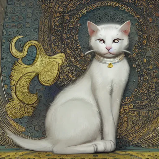 Prompt: A cute white kitty cat posing like a maneki neko cat, D&D, fantasy, intricate, cinematic lighting, highly detailed, digital painting, artstation, concept art, smooth, sharp focus, illustration, art by Akihiko Yoshida, Greg Rutkowski and Alphonse Mucha