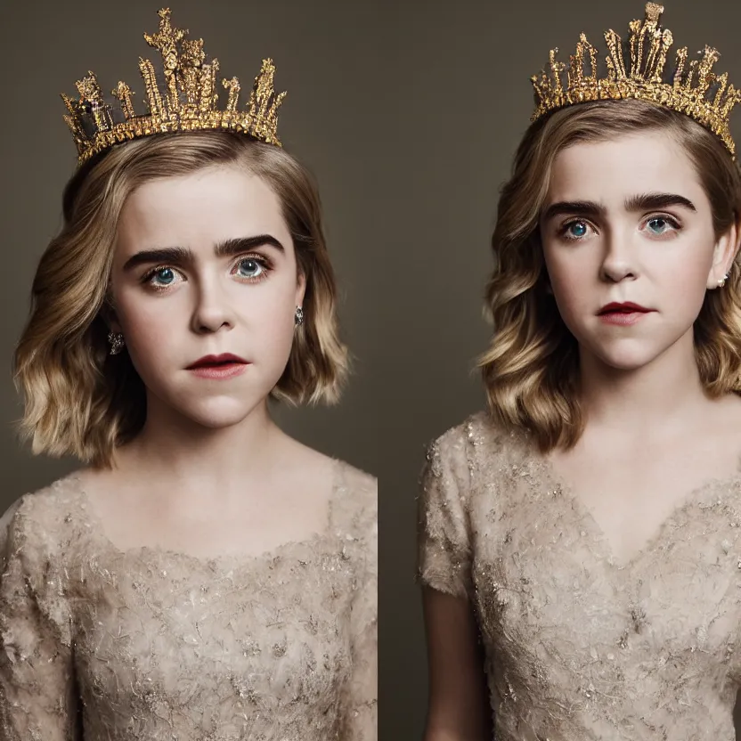 Image similar to kiernan shipka as queen, big crown adorned with emerald, diamonds, topaz and other jewellaries, sensual, beautiful soft light failling on her face, studio photography, nikon 3 5 mm portrait photography, ultra realistic