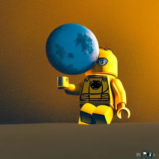 Image similar to lego minion astronaut on the moon by goro fujita and beeple, realism, sharp details, cinematic, highly detailed, digital, 3 d, yellow colors