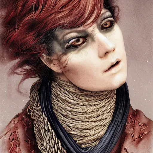 Image similar to portrait of a Shibari rope wrapped face and neck, headshot, insanely nice professional hair style, dramatic hair color, digital painting, of a old 13th century, traveler, amber jewels, baroque, ornate clothing, scifi, realistic, hyperdetailed, chiaroscuro, concept art, art by Franz Hals and Jon Foster and Ayami Kojima and Amano and Karol Bak,