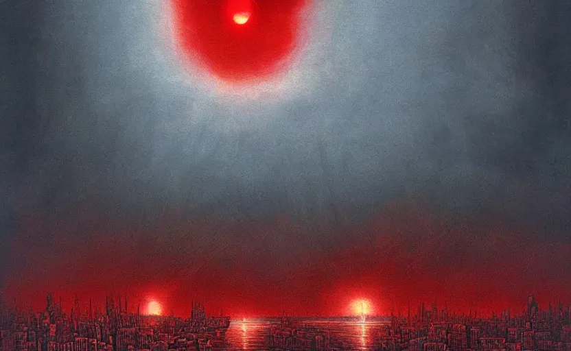 Image similar to an digital art of fire red alert storm that destroys dark souls like new york city with eclipse in style of zdislaw beksinski