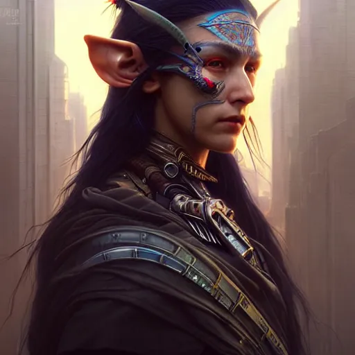 Image similar to portrait painting of a cyberpunk native american elven street samurai, ultra realistic, concept art, intricate details, eerie, highly detailed, photorealistic, octane render, 8 k, unreal engine. art by artgerm and greg rutkowski and charlie bowater and magali villeneuve and alphonse mucha