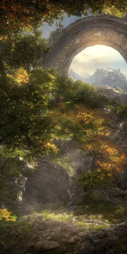 Image similar to a celestial portal in the middle of the mountains to another world, foliage, realistic, unreal engine,