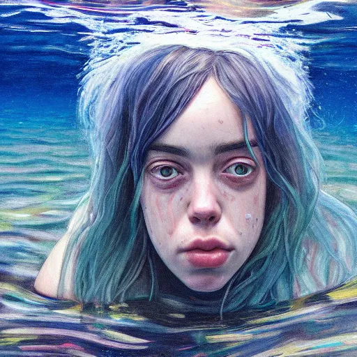 Prompt: portrait painting of billie eilish underwater by alyssa monks