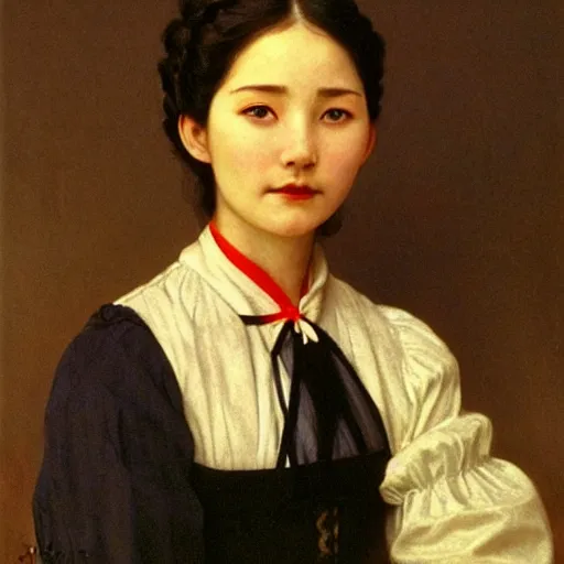 Prompt: a ((sadly)) (((smiling)))) black haired, young hungarian servantmaid from the 19th century who looks very similar to ((((Lee Young Ae)))) with a two french braids, detailed, soft focus, realistic oil painting by Ferenczy Károly, John Everett Millais, Munkácsy, Csók István, and da Vinci