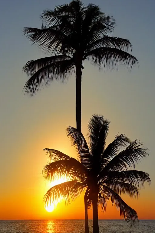 Prompt: a beautiful ocean sunset, with the sun setting behind a palm tree by alexader jansson