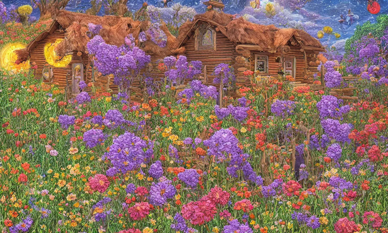 Image similar to a cabin in a mystical field of flowers illustration painting, oil on canvas, intricate, hd, digital art, overdetailed art, complementing colors, detailed, illustration painting by alex gray, digital art, moebius