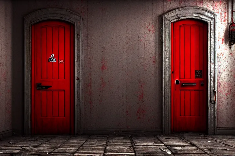 Prompt: boarded up padlocked red door, in a basement, chains across door, forbidden creepy mood, game art matte painting hyperdetailed, artstation, cgsociety, 8 k, surreal dream landscape