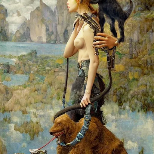 Prompt: epic masterpiece full body portrait a beautiful woman with a small dinosaur as a pet on a leash, by Edgar Maxence and Ross Tran and Michael Whelan