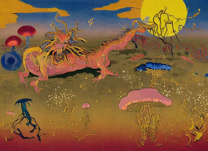 Image similar to expressionistic decollage painting golden armor alien zombie horseman riding on a crystal bone dragon broken rainbow diamond maggot horse in a blossoming meadow full of colorful mushrooms and golden foil toad blobs in a golden sunset, distant forest horizon, painted by Bill Traylor, Hokusai, Hilma af Klint and Georg Baselitz, pixelated, semiabstract, color field painting, byzantine art, png compression glitch, pop art look, naive, outsider art. Mark Rothko painting, part by Philip Guston and Frank Stella. art by Adrian Ghenie, 8k, extreme detail, intricate detail, masterpiece