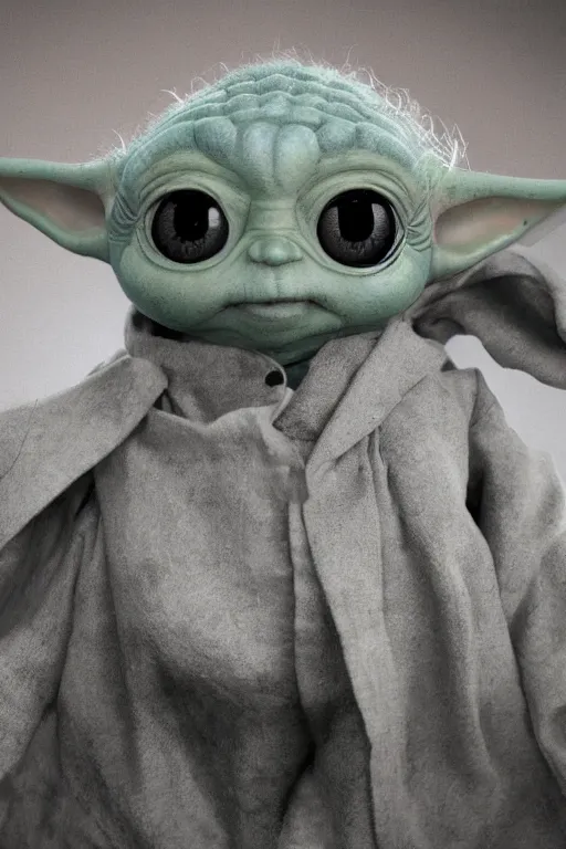 Prompt: Baby Yoda in style of Tim Burton, Tim Burton movie poster style, 35mm, bokeh, big eyes, creepy, zbrush, hyper realistic, Unreal Engine 5, Artstation