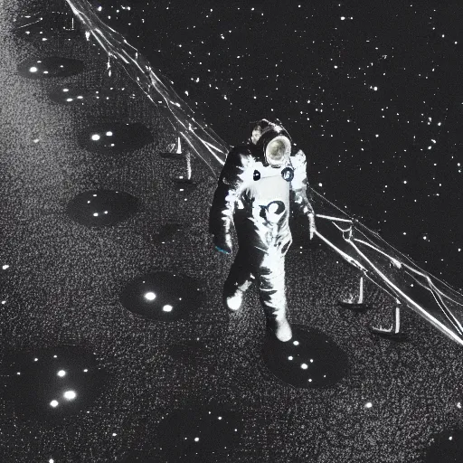 Prompt: mysterious man in silver space suit, walking on a small zig - zagging steel catwalk, floating in the darkness of space, with a black background, photograph, wide angle, long shot