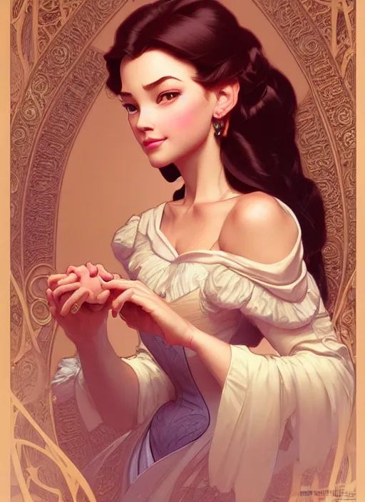 Image similar to portrait of disney belle, intricate, elegant, highly detailed, my rendition, digital painting, artstation, concept art, smooth, sharp focus, illustration, art by artgerm and greg rutkowski and alphonse mucha and uang guangjian and gil elvgren and sachin teng, symmetry!!