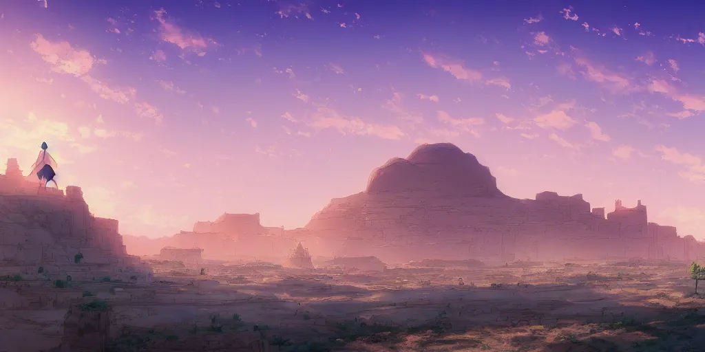 Image similar to a stunning desert landscape with an arabian palace on the horizon by makoto shinkai