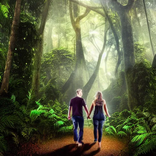 Image similar to a detailed photorealistic picture of two lovers holding hands walking through the forest overgrown canopy jungle lush foliage waterfall in background, 8k