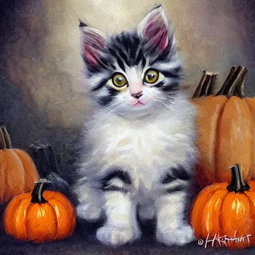 Prompt: a cute fluffy kitten amidst piles of pumpkins. halloween autumn fall art. beautiful painting by henriette ronner - knip and artgerm and greg rutkowski