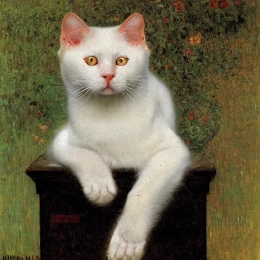 Image similar to portrait of a white cat with a black spot on its head, intricate, elegant, highly detailed, smooth, sharp focus, illustration, art by gustav klimt - adolphe bouguereau