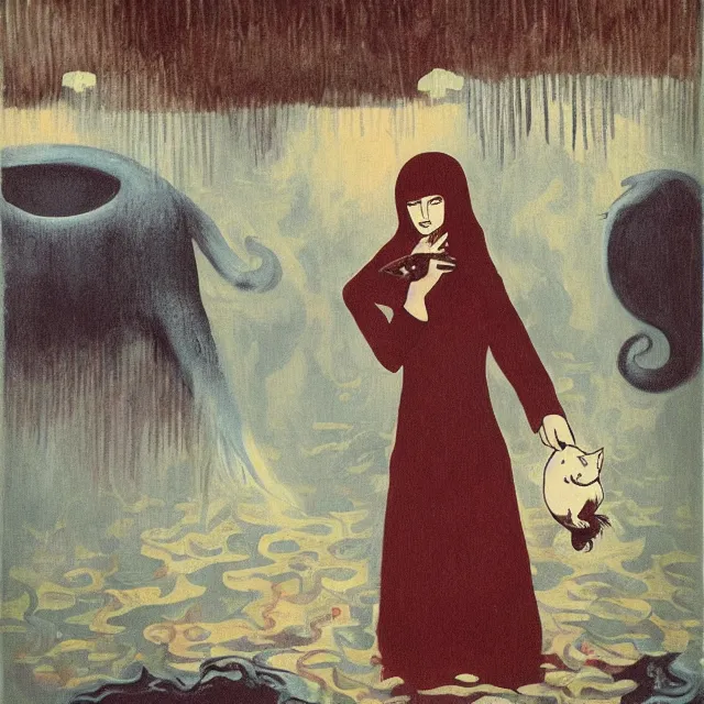 Image similar to tall female emo artist holding a pig in her flooded apartment, mushrooms, octopus, water gushing from ceiling, painting of flood waters inside an artist's apartment, a river flooding indoors, pomegranates, pigs, ikebana, zen, river, rapids, waterfall, black swans, canoe, berries, acrylic on canvas, surrealist, by magritte and monet