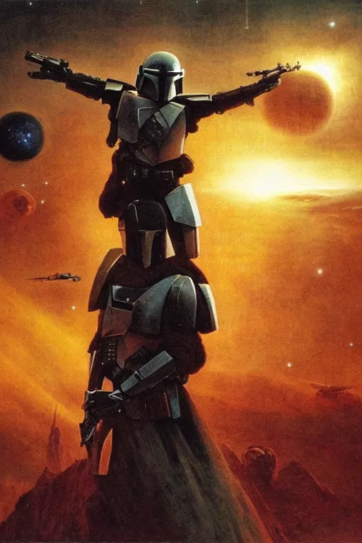 Prompt: backlit dramatic cinematic mandalorian powerful pose by beksinski on a backlit background with destroyed planets , x-wing and atomic bomb explosion, backlight