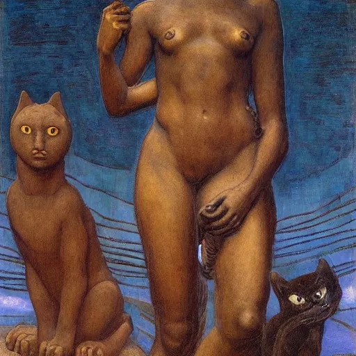 Image similar to masterpiece black woman and cat sculpture from an unknown lost civilization, by annie swynnerton and diego rivera and nicholas roerich and jean delville and charlie bowater, symbolist, dramatic lighting, god rays, art brut, rich colors, smooth sharp focus, extremely detailed, adolf wolfli and ( donato giancola and bilibin )