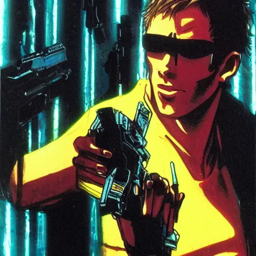 Prompt: Rick Dekcard from Blade Runner pointing with his gun by Tite Kubo
