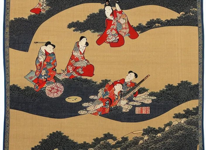 Image similar to Ukiyo-e style tapestry, Japanese, Persian carpet