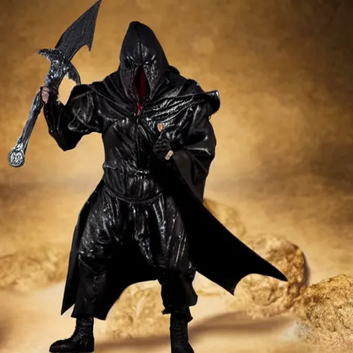 Prompt: a realistic full body of Konnor, a dragonblood, a black hood with black robes and a sword on his back, extremely realistic and detailed, standing in front of a mountain