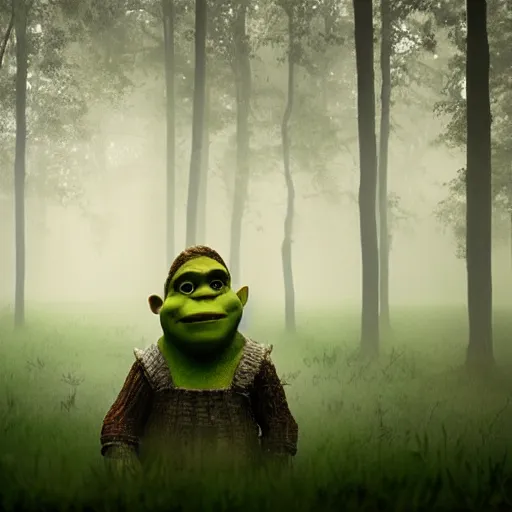 Image similar to closeup potrait of Shrek in a foggy swamp, natural light, sharp, detailed face, magazine, press, photo, Steve McCurry, David Lazar, Canon, Nikon, focus