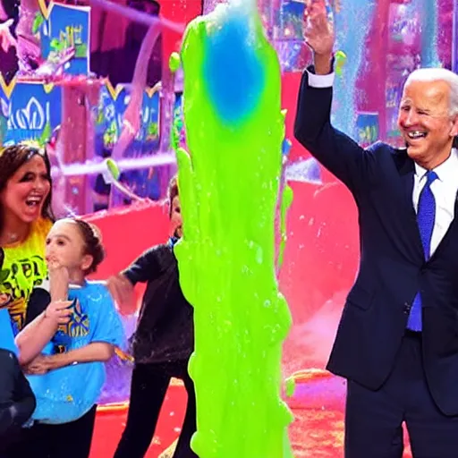 Image similar to joe biden getting slimed at the kids choice awards, dynamic, cinematic photo