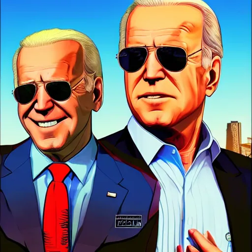 Prompt: joe biden wearing aviators and a sheriff outfit while laughing and arresting trump in gta v, cover art by stephen bliss, boxart, loadscreen