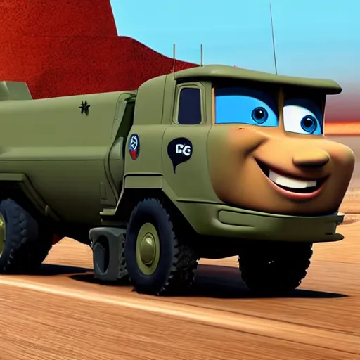 Image similar to HIMARS with missile, Pixar, Cars cartoon, detailed