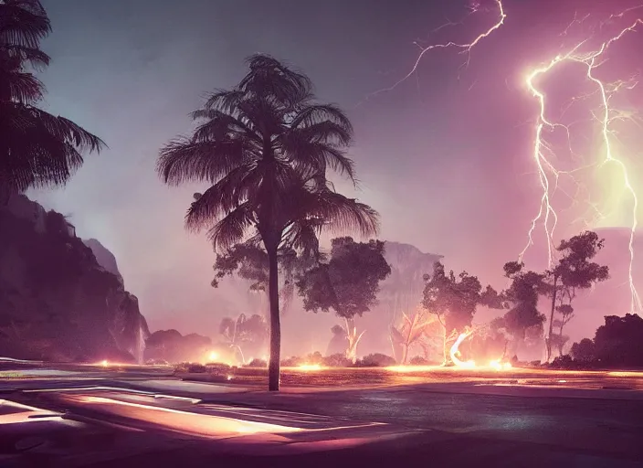 Prompt: a landscape captured at night with environment lit up by a lightning bolt. volumetric light. style by filip hodas and benedick bana.