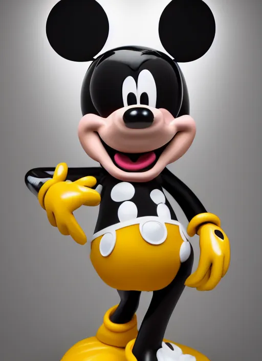 Prompt: stylized shiny latex rubber leather statue full body made of marble of disney character mickey mouse, perfect symmetrical body, perfect symmetrical face, hyper realistic, hyper detailed, by johannen voss, by michelangelo, octane render, blender, 8 k, displayed in pure white studio room