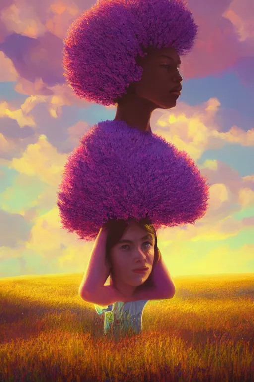 Prompt: portrait, giant lilac flower as head, girl in heather field, surreal photography, golden hour, colorful clouds, impressionist painting, digital painting, artstation, simon stalenhag