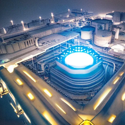 Prompt: photo of an inside nuclear power plant at night birds eye view inception cinematic