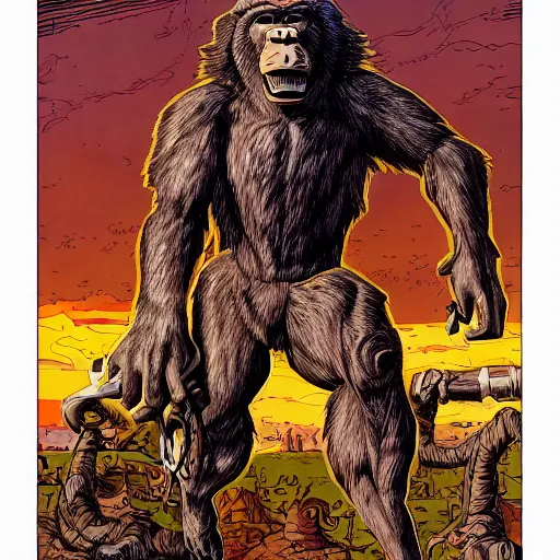 Prompt: precisely drawn illustration of a giant brass baboon statue, wide angle, sharp, fine details, French comic style, vibrant realistic colors, full color, heroic fantasy, intense line art, 8k, precise linework, realistic, in the style of Heavy Metal Comics and Richard Corben and Moebius