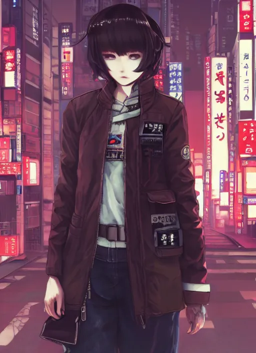 Image similar to character portrait cyberpunk female wearing jacket in Tokyo, hidari, color page, tankoban, 4K, tone mapping, Akihiko Yoshida.