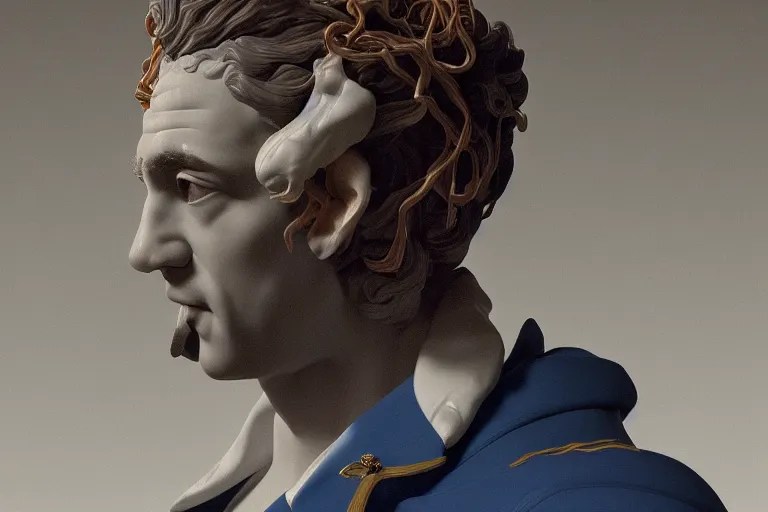 Image similar to a beautiful porcelain Baroque style bust of handsome young Spanish man with colored pipecleaners coming out of the neck suspended in space, photorealism, octane render, depth of field, 8k, 35mm, artgem, Trending on artstation