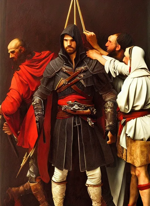 Prompt: a historical art of assasin creed in rome in the style of a renaissance painting, insane details, chiaroscuro oil painting, jan matejko, caravaggio, jan van eyck, trending on artstation, artgerm, best pictures deviantart