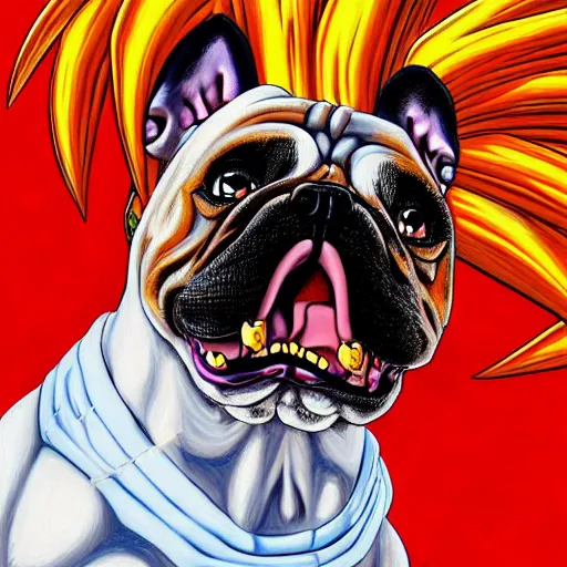 Image similar to ultra realistic portrait painting of a bulldog as super saiyan goku, art by akira toriyama, 4 k, dragon ball artstyle, cel shaded, highly detailed, epic lighting