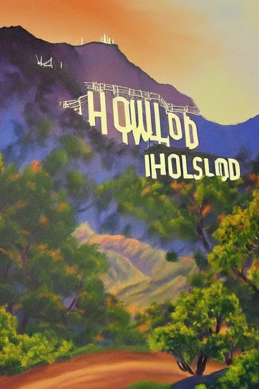 Prompt: bob ross painting of hollywood sign