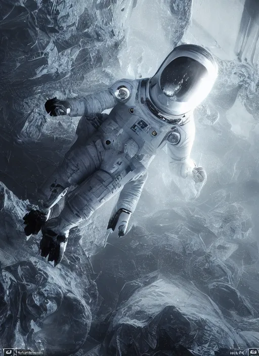 Prompt: symmetry concept art by craig mullins astronaut in futuristic dark and empty spaceship underwater. infrared glowing lights. complex and hyperdetailed technical suit. reflection and dispersion materials. rays and dispersion of light. volumetric light. 5 0 mm, f / 3 2. noise film photo. flash photography. unreal engine 4, octane render. interstellar movie art