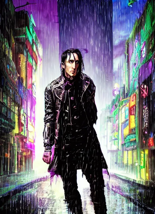 Image similar to an epic fantasy comic book style full body portrait painting of a very beautiful synthwave industrial goth trent reznor as snape walking in the rain, neon reflections in the rain puddles, character design by mark ryden and pixar and hayao miyazaki, unreal 5, daz, hyperrealistic, octane render, cosplay, rpg portrait, dynamic lighting, intricate detail, cinematic