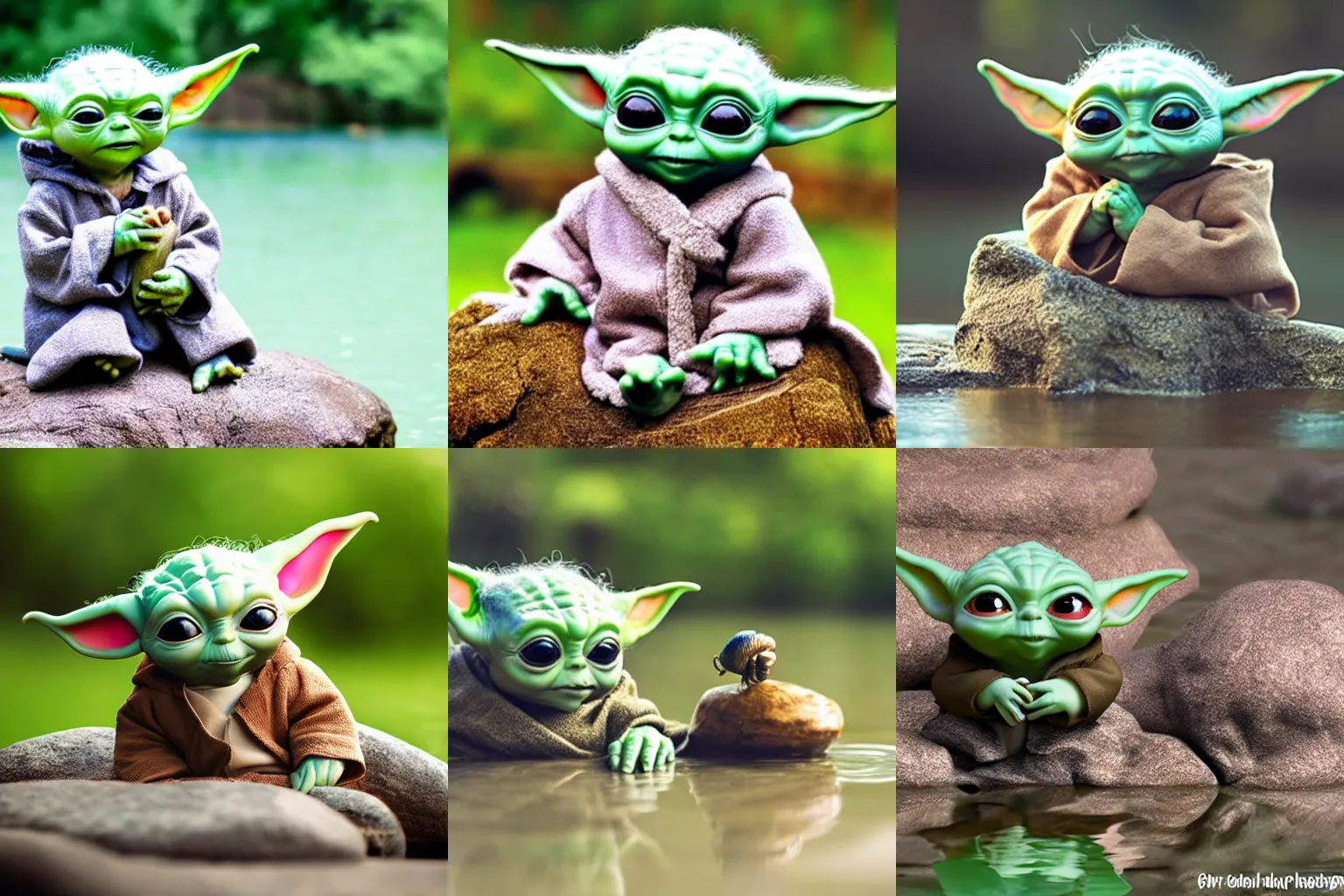 Prompt: baby yoda sitting on a rock in a lake playing with pet snails