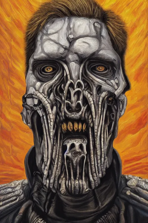 Image similar to portrait of streamer jerma 9 8 5!!, jeremy elbertson, painting by h. r. giger, lovecraftian horror, strands of being, metal album cover, high detail, sharp, sus guy, human figure, permanent bond between metal and man