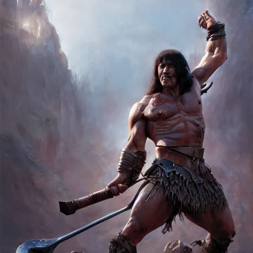 Prompt: Conan the Barbarian, 4k oil on linen by wlop, artgerm, andrei riabovitchev, nuri iyem, james gurney, james jean, greg rutkowski, highly detailed, soft lighting 8k resolution