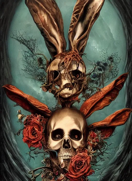 Image similar to the march hare, death tarot card, highly detailed, half skull face, cinematic, 8 k, by megan duncanson, benjamin lacombe, adrian borda, stanley artgermm, tom bagshaw, craig mullins, carne griffiths, ayami kojima, beksinski, giger, trending on deviantart, hyper detailed, horror, full of colour